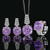 Rose Cut Round Purple Stone Ring Earrings Pendant Cubic Zirconia Jewelry Set for Wedding Bride Bridesmaids