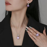 Rose Cut Round Purple Stone Ring Earrings Pendant Cubic Zirconia Jewelry Set for Wedding Bride Bridesmaids