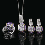 Rose Cut Round Purple Stone Ring Earrings Pendant Cubic Zirconia Jewelry Set for Wedding Bride Bridesmaids