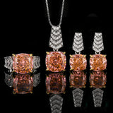 Simulated Champagne Stone Cushion Cut Ring Earrings Pendant Pappalacha Color Luxury Jewelry Set
