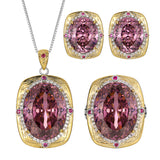 Gold Plated High-End Set of Jewelry Oval Cut Stone Featuring a Simulated Bird's Nest and Dried Roses