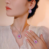 Gold Plated Simulation Gems Dragon Fruit Color Rose Flower Cut Jewelry Set Main Stone 12-10mm