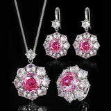 Halo Jewelry Set Platinum Plated Round Cubic Zirconia Crystal Pendant Necklace Open Ring Earrings