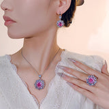 Halo Jewelry Set Platinum Plated Round Cubic Zirconia Crystal Pendant Necklace Open Ring Earrings