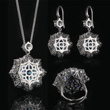 Halo Jewelry Set Platinum Plated Round Cubic Zirconia Crystal Pendant Necklace Open Ring Earrings