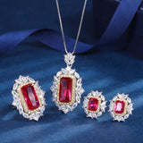 Synthetic Ruby Jewelry Set for Bride Bridesmaid Pendant Necklace Earrings Open Ring Sets for Women
