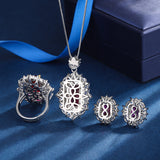 Synthetic Ruby Jewelry Set for Bride Bridesmaid Pendant Necklace Earrings Open Ring Sets for Women