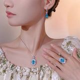 8x12mm Simulated Blue Topaz Stone Oval Cut Cluster White Zircon Luxury Ring Earrings Pendant Luxury Jewelry