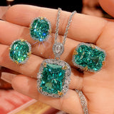 Simulated Paraiba Gemstone Green Color Cushion Cut Jewelry Set,  Inlaid Ring Earrings Pendant Costume Jewellery