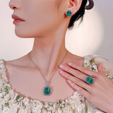 Simulated Paraiba Gemstone Green Color Cushion Cut Jewelry Set,  Inlaid Ring Earrings Pendant Costume Jewellery