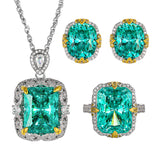 Simulated Paraiba Gemstone Green Color Cushion Cut Jewelry Set,  Inlaid Ring Earrings Pendant Costume Jewellery