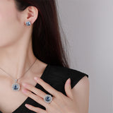 Imitation Blue Gemstone Cushion Birds Nest Cut Ring Earrings Pendant Luxury Jewelry Sets