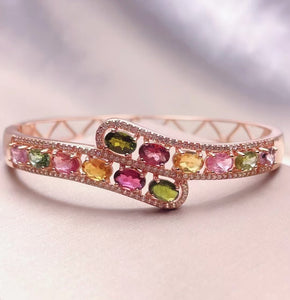 Natural Tourmaline Bangle 925 Silver With Candy Color Gemstone Jewelry