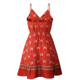 Womens Clothing Summer Fashion Print V Neck Button Elastic Waist Lace Up Dress - lanciashow