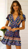 Womens Clothing Summer Fashion Printed Lace Short Sleeve Deep V-Neck Dress - lanciashow