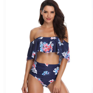 Women Off Shoulder Bikini Set Ruffled Printed High Waist Bathing Suit Swimsuits - lanciashow