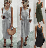 Womens Clothing Summer Fashion Leisure Pure Color V Neck Long Vest Dress - lanciashow