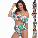 Women Off Shoulder Bikini Set Ruffled Printed High Waist Bathing Suit Swimsuits - lanciashow