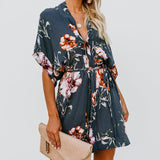 Womens Summer Clothing Button Printed V-Neck Short Sleeved Dress - lanciashow