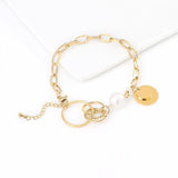 Hollow Thick Chain Pearl Bracelet with Double Round Tag Charms Yellow Gold Plated Jewellery - lanciashow
