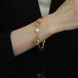 Hollow Thick Chain Pearl Bracelet with Double Round Tag Charms Yellow Gold Plated Jewellery - lanciashow