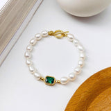 925 Sterling Silver Strand Beads Jewelry OT Clasp Pearl Bracelet With Green CZ - lanciashow