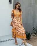 Womens Summer Clothing Fashion Printed V-Neck Short Sleeve Long Tight Dress - lanciashow