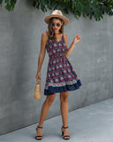 Womens Clothing Summer Fashion Print V Neck Button Elastic Waist Lace Up Dress - lanciashow