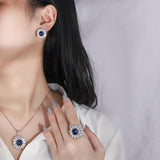 Wedding Engagement Jewelry Set 925 Silver Simulated Sapphire Zirconia Pendant Ring Stud Earrings - lanciashow