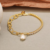 925 Sterling Silver Gold Plated Jewelry CZ Clips Chain Bracelet With Lobster Clasp And Baroque Pearl - lanciashow