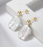 925 Silver Gold Plated Womens Jewelry Square Baroque Pearl Stud Earrings - lanciashow