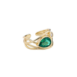 925 Sterling Silver Yellow Gold Plated Open Ring With Green Cubic Zirconia Stone - lanciashow