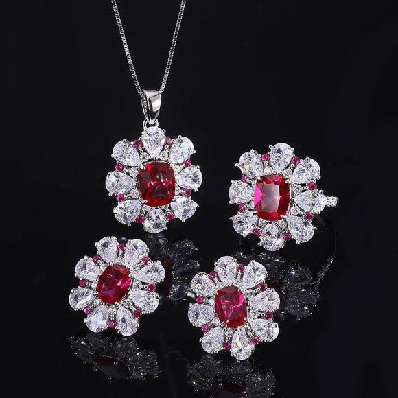 Sterling Silver Synthetic Ruby Oval Cut Pendant Necklace and Stud Earrings Ring Set Flower Shape - lanciashow
