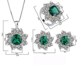 Sterling Silver Simulated Emerald Cushion Cut Halo Ring Pendant & Stud Earrings Set with CZ Accents - lanciashow