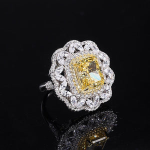 925 Sterling Silver Lab Gems Jewelry Radiant Cut Yellow Diamond Ring With Cluster CZ For Women - lanciashow