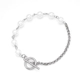 Stainless Steel Womens Fashion Jewelry Pearl Link Bracelet With OT Clasp - lanciashow