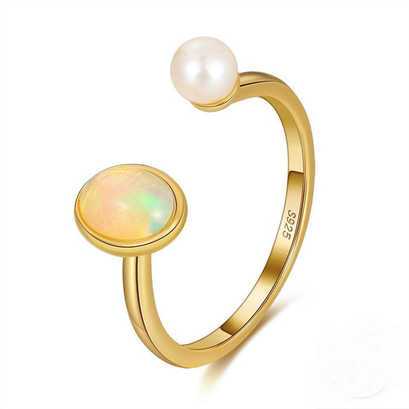 925 Sterling Silver 14K Gold Plated Jewelry Natural Opal Freshwater Pearl Open Ring - lanciashow