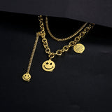 Fashion Stainless Steel Smiley Face Double Chain Necklace for Women Titanium Steel Necklace - lanciashow