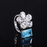 925 Sterling Silver Blue Topaz Emerald Cut Gemstone Open Ring Flower Shape - lanciashow