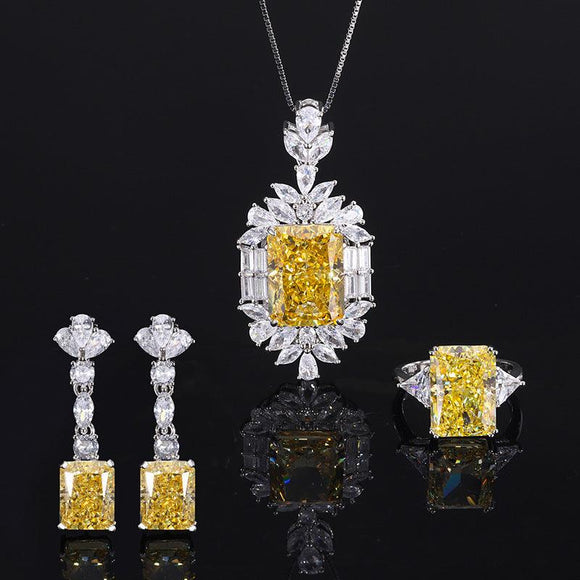 Radiant Cut Lab Created Yellow Diamond 925 Sterling Silver Gemstone Birthstone Pendant Earrings Ring With Accent Jewelry Set - lanciashow