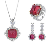 Sterling Silver Synthetic Ruby With CZ Accentsl Halo Ring Pendant and Drop Earrings Set - lanciashow