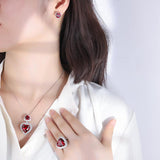 925 Sterling Silver Wedding Jewelry Set Simulated Ruby Diamonds Pendant Ring Earrings Heart - lanciashow