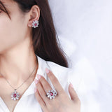 Sterling Silver Synthetic Ruby Oval Cut Pendant Necklace and Stud Earrings Ring Set Flower Shape - lanciashow