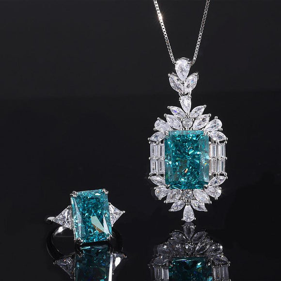 925 Sterling Silver Simulated Blue Diamond Pendant Ring Jewelry Set Radiant cut Gemstone Birthstone With CZ Accents - lanciashow
