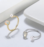 925 Sterling Silver 14K Gold Plated Jewelry Natural Opal Freshwater Pearl Open Ring - lanciashow