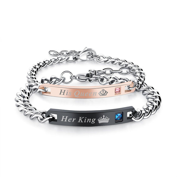 Gift for Lover His Queen Her King Stainless Steel Couple Bracelets for Women Men Jewelry Matching Set - lanciashow