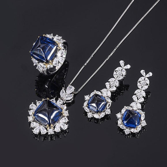 925 Sterling Silver Wedding Engagement Jewellery Set Created Blue Sapphire Pendant Ring Earrings - lanciashow