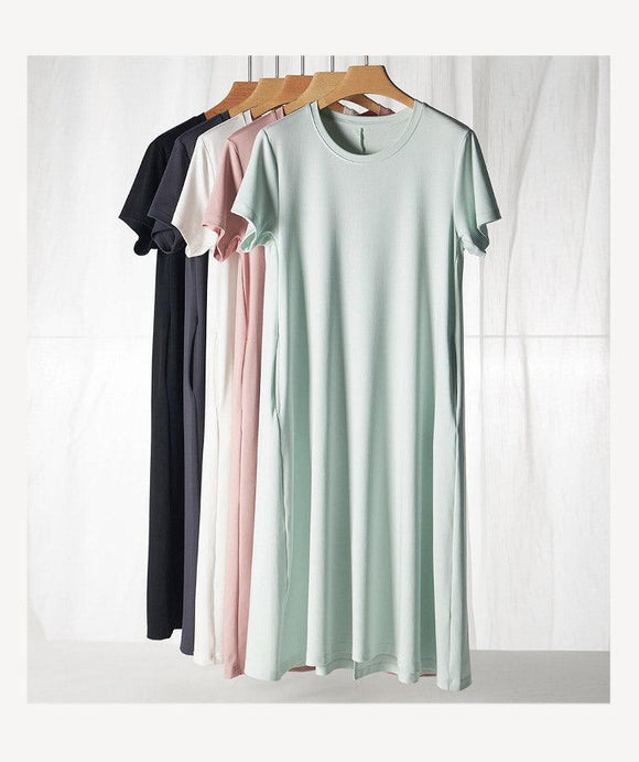 Round Neck Solid Color Dress Cotton Modal Blend Casual Homewear Pajamas - lanciashow
