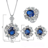 Sterling Silver Created Blue Sapphire Oval Cut With Lab Diamonds Pendant Ring and Stud Earrings Wedding Jewelry Set - lanciashow
