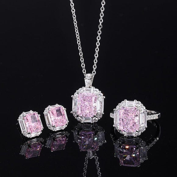 925 Sterling Silver Simulated Diamonds Jewelry Set Radiant Cut Pink Gems Cushion Pendant Ring Stud Earrings - lanciashow